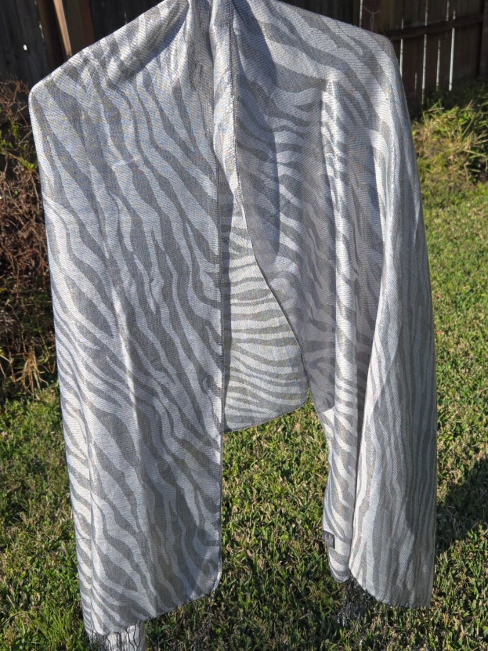 Shawl for Fall. Silvery grey and lightweight. Perfect for A/C or cool nights.